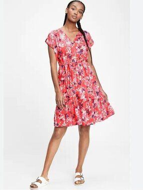 Gap Red Floral V-Neck Short Sleeve Mini Summer  Dress Cotton S